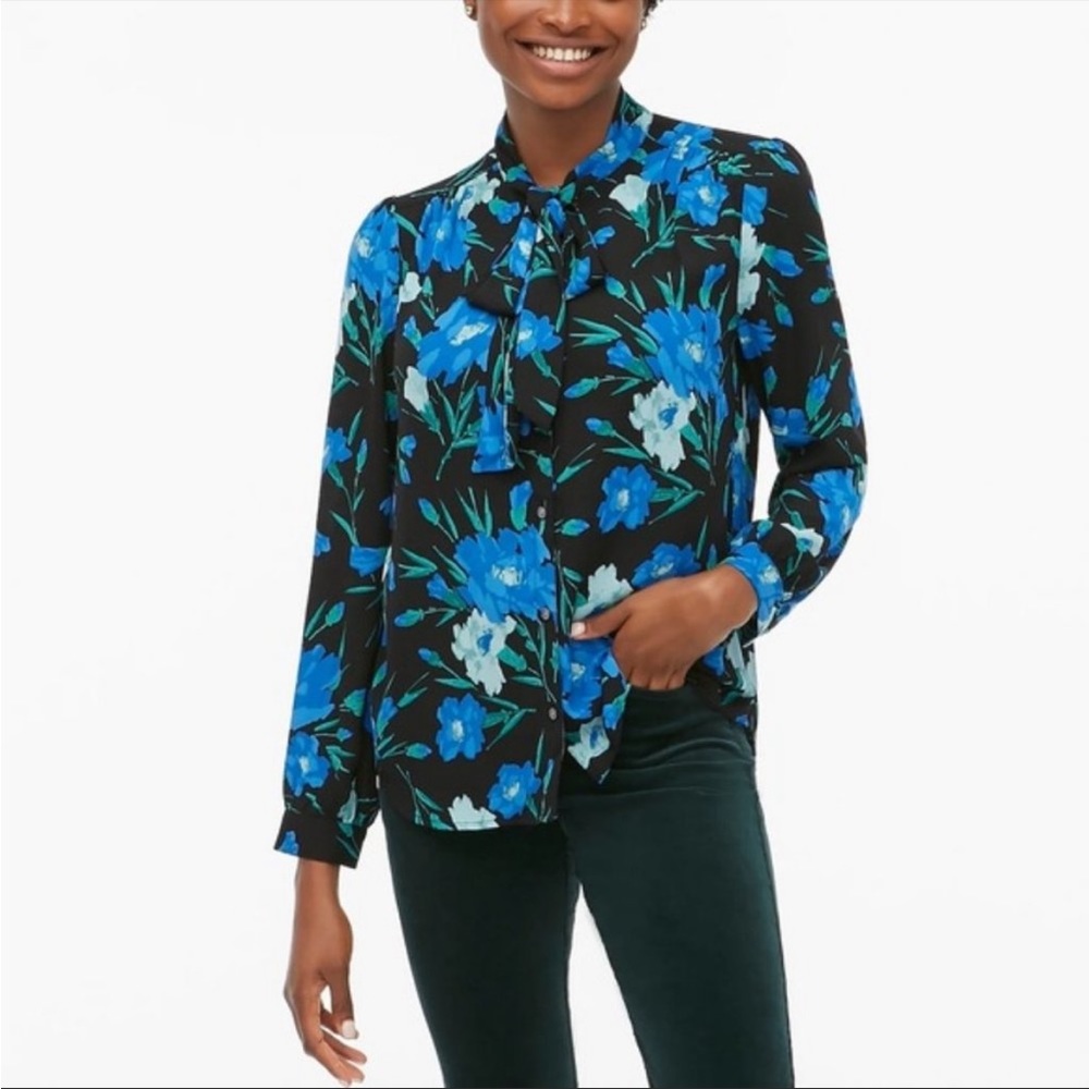 J Crew Long Sleeve Bow Blouse floral blue green black Womens size XS